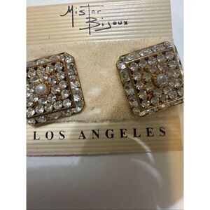 Vintage Mistar Bijoux Women's Rhinestones Faux Pearl Square Clip On Earrings NWT